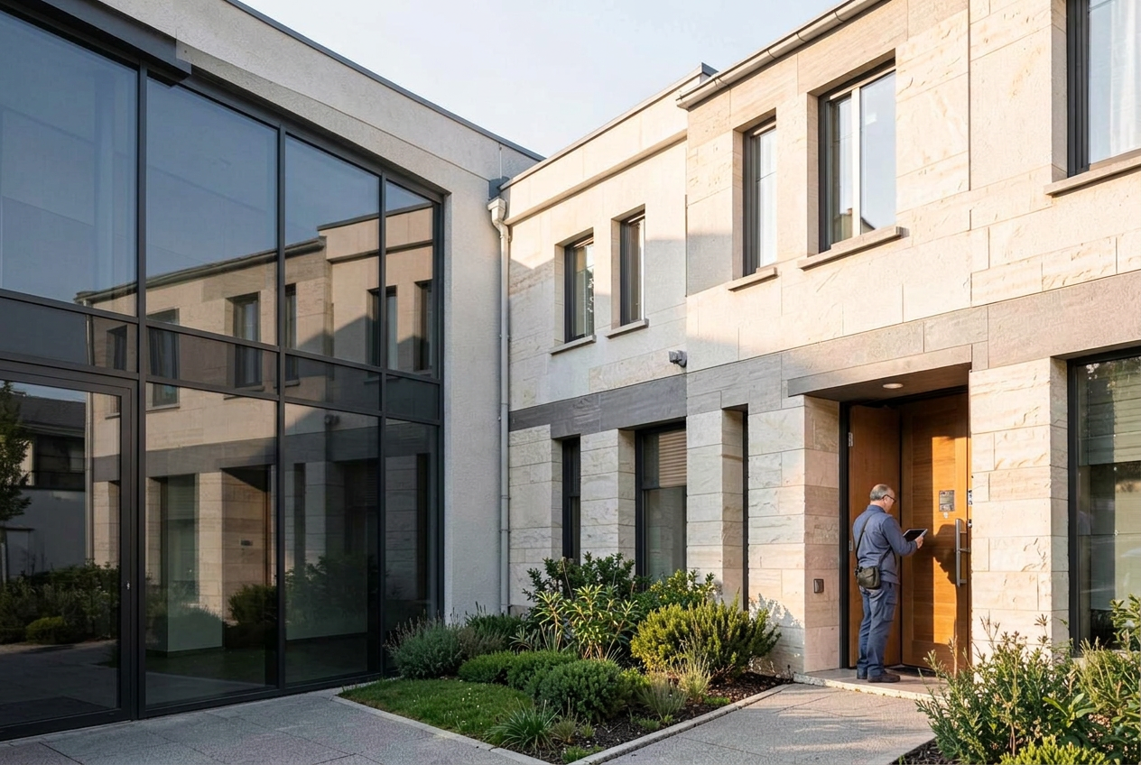 Modernes Mehrfamilienhaus mit digital betreutem Techniker